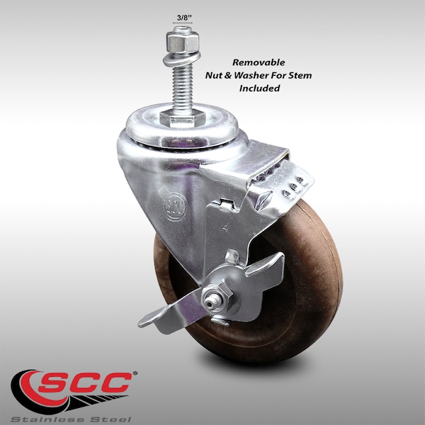 Service Caster 4 Inch SS High Temp Glass Filled Nylon 3/8 Inch Threaded Stem Caster with Brake SCC-SSTS20S414-GFNSHT-TLB-381615 - main